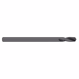 Long gray twist drill bit viewed from the side on a white background, ready for drilling holes.