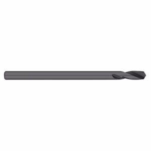 Long gray twist drill bit laid horizontally with a cutting head on the right, against a white background.