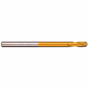 Gold-coated end mill/drill bit with spiraled flutes lying horizontally on a white background