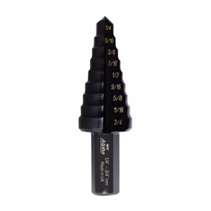 Multi-step drill bit with stacked steps labeled by diameter (from small to large) for progressive hole drilling in metal/plastic tools. Intended for drilling multiple hole sizes in one bit.