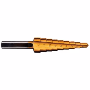 Golden step drill bit with numbered steps 4–12 and a black shank, laid horizontally on white background