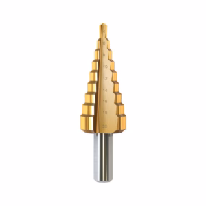 Gold-toned stepped drill bit with numbered steps from 4 to 20 and a silver shank, showing stacked conical steps for drilling multiple hole sizes.