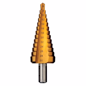 Wooden stepped drill bit with numbered steps 6–30 mounted on a metal shank