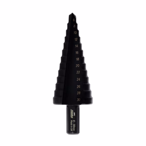 Black stepped drill bit with numbered steps from 6 to 30 mm, used for multi-hole drilling in metal/wood (drill accessory)