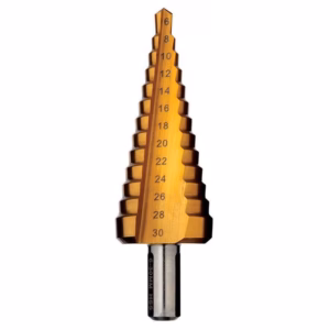 Orange stepped drill bit with size markings from 6 to 30 mm, mounted on a metal shank.