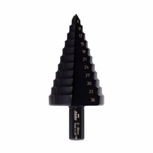 Black step drill bit with stepped conical teeth and numbers 6–36 etched along the side, for drilling holes.