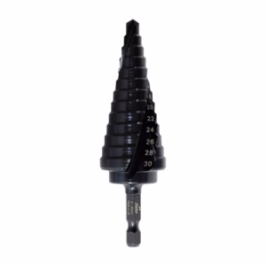 Black step drill bit with stepped conical sections numbered 8–30 mm
