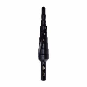 Black stepped drill bit shown upright with multiple conical cutting sections and numbered steps (7–9 visible).