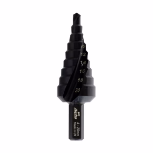 Step drill bit with a stepped conical design and size markings from 4 to 20 mm, shown in black.