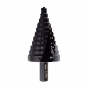 Black stepped drill bit with multiple conical steps and size markings (5–36 mm) on the shank, used for drilling holes.”
