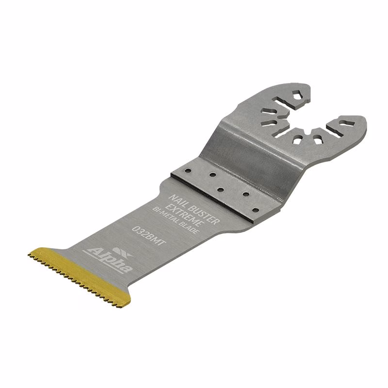 A032BMT1_2 - Alpha Tools Nail Buster Extreme bi-metal blade tool with a gold serrated edge and a perforated silver head for gripping, labeled on the blade.