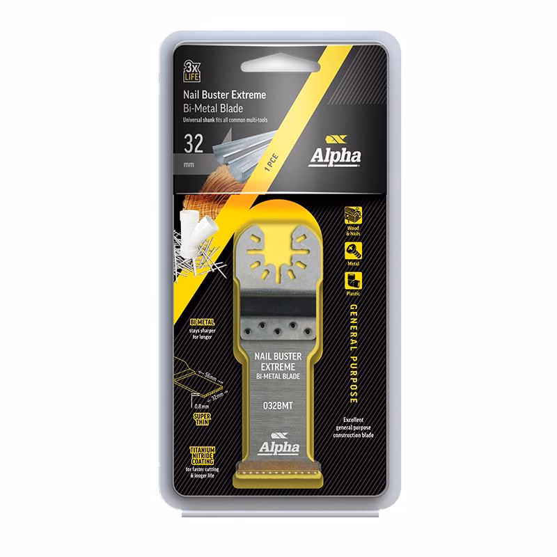 A032BMT1_3 - Alpha Tools Packaging for Alpha Nail Buster Extreme Bi-Metal Blade with 32 mm shank, blade visible in the case. Uses listed: general construction blade for wood, metal, plastic pieces.