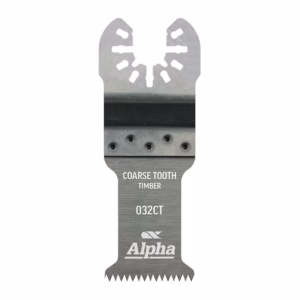 Coarse-tooth timber blade by Alpha with 032CT mark, designed for cutting wood edge detail visible at the bottom teeth
