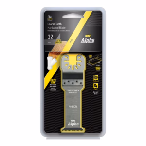 Packaging for Alpha 32 mm coarse-tooth hardwood blade (heat-treated) with universal shank, showing the blade and handle details.