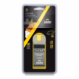 Packaging for Alpha coarse-tooth hardwood blade, with the blade visible and yellow-black design on a gray blister card.