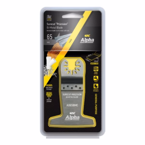 Packaging for Alpha Surecut Präzision Bi-Metal Blade, 65 mm, showing the blade with yellow border and branding on a black background (1 piece).