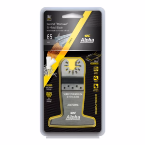 Packaging of Alpha Surecut Präzision Bi-Metal Blade, 65 mm, 3-pack, with yellow and black design and tools imagery