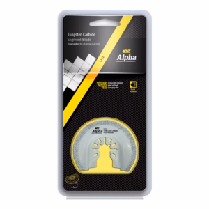 Package for Alpha tungsten carbide segment blade with yellow diagonal stripe and a cutaway view of the segmented blade inside. It’s a tool packaging image for a diamond blade set.