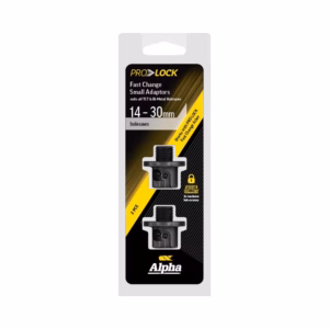 Packaging for ProLock fast-change small hole saw adaptors, 14–30 mm, showing two black adaptors with silver threading and Alpha logo.