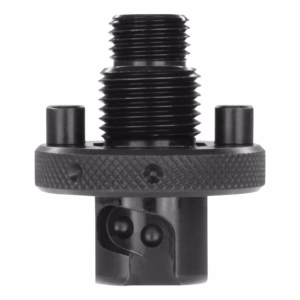 Metal mounting adapter with a large threaded stud, knurled ring, and two side pins; likely a mounting accessory.