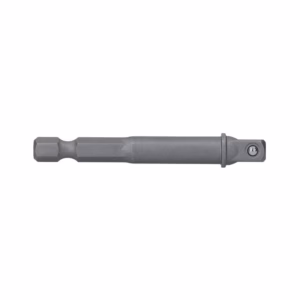 Gray metal driver bit extension/adapter with a hex bit on the left and a locking socket on the right, used to extend a drill or driver.