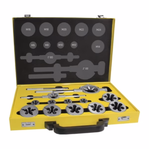 Yellow toolkit open to reveal a set of metal hole saws and drill bits arranged in two layers