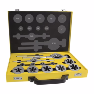 Open yellow tool case displaying a hole-saw kit with multiple circular cutting discs of various diameters, arbors, and mandrels neatly arranged inside.