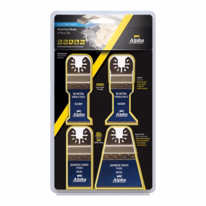Package of Alpha multi-tool blade set containing four BI-METAL blades for wood, nails, timber and Japanese tooth timber cutting on a black-yellow card.