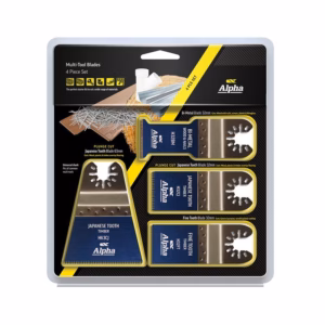 Alpha brand multi-tool blade set in blister packaging; includes four blades with blue and gray housings and yellow trim over a black background with diagonal yellow stripe edge.