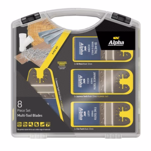 Eight-piece Alpha multi-tool blade set in a clear plastic case, with three blue-labeled blade cartridges and assorted accessories visible on the front surface.