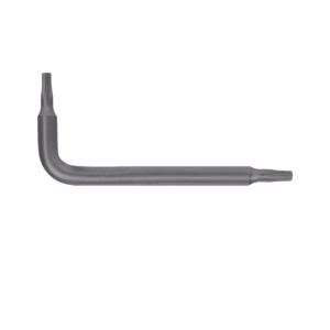 Double-ended L-shaped dental brush with small bristles on each end.