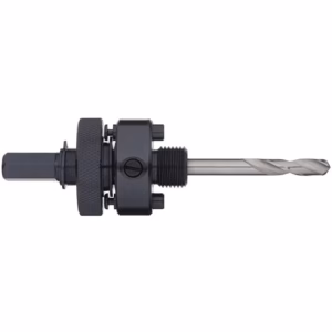 Drill chuck adapter with a long twist drill bit mounted, viewed sideways.