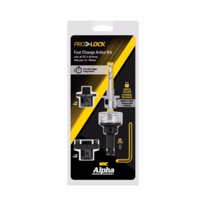 ProLOCK Fast Change Arbor Kit packaging showing arbor, adapters, and hex wrench on a black-yellow design by Alpha