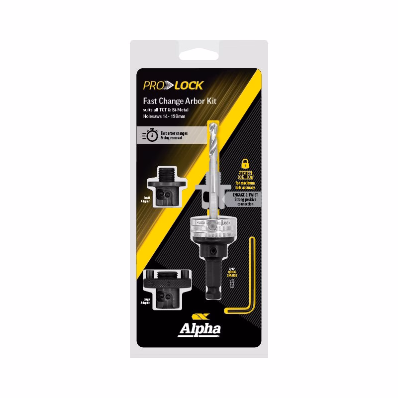 ARB-2QCK - Alpha Tools ProLOCK Fast Change Arbor Kit packaging showing arbor, adapters, and hex wrench on a black-yellow design by Alpha