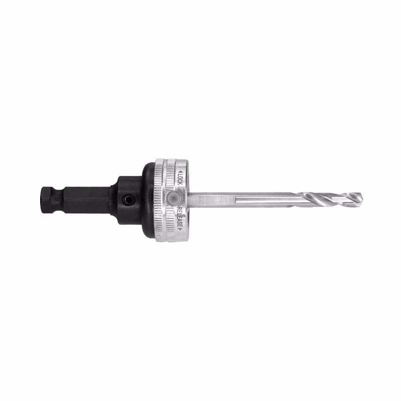 ARB-2QCK_2 - Alpha Tools Drill chuck with a long twist drill bit mounted, ready for driving into material.