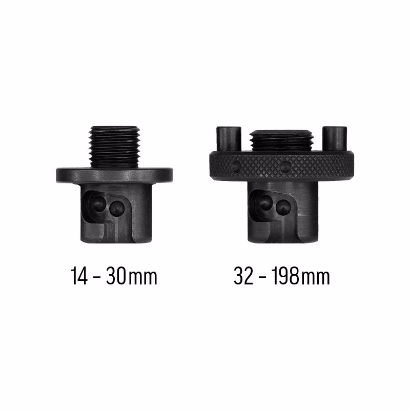 ARB-2QCK_3 - Alpha Tools Two black camera lens adapters side by side, labeled 14–30 mm and 32–198 mm.
