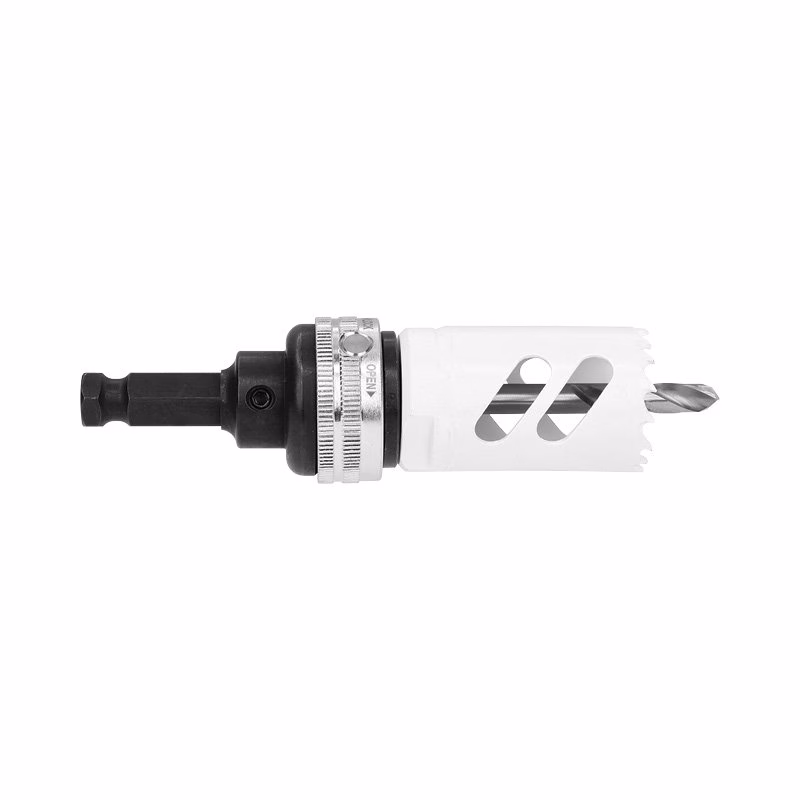 ARB-2QCK_6 - Alpha Tools Hole saw drill attachment on an arbor with a pilot bit protruding from the right side