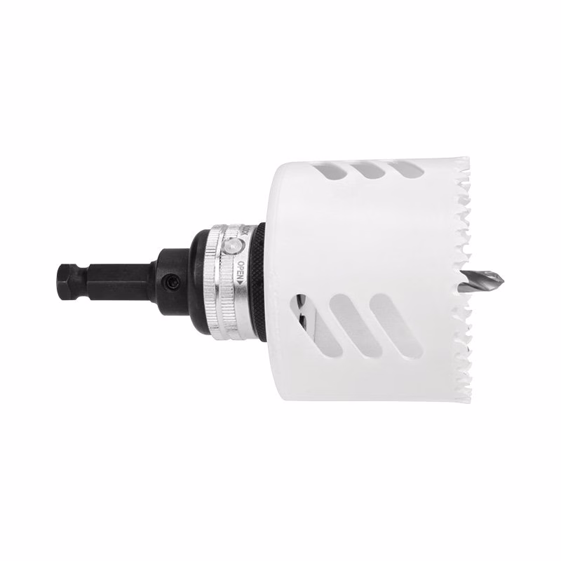 ARB-2QCK_8 - Alpha Tools Hole saw attachment on a drill, ready to cut circular holes in wood or drywall.