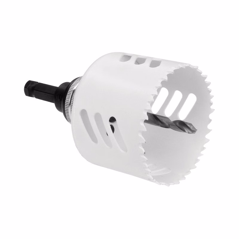 ARB-2QCK_9 - Alpha Tools White hole saw drill attachment with a serrated edge and black mounting shaft, used to cut circular holes in material.