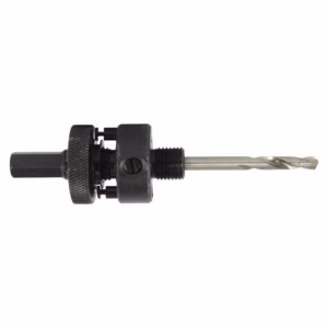 Drill chuck adapter with hex shank on the left and a twist drill bit extending to the right, ready for mounting