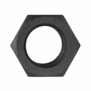 Black hex nut with internal threading, viewed from the top