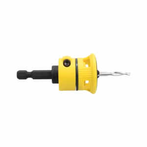 Yellow keyless drill chuck adapter with a twist drill bit inserted.