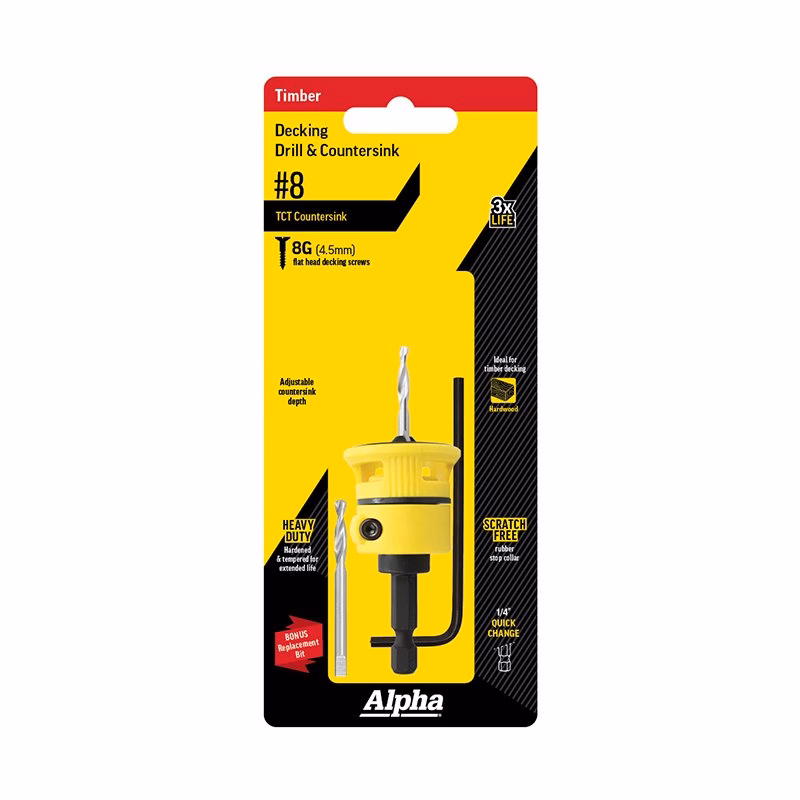 ASD080_2 - Alpha Tools Package for Alpha Timber Decking Drill & Countersink bit, size #8 (yellow and black packaging) showing adjustable countersink depth.