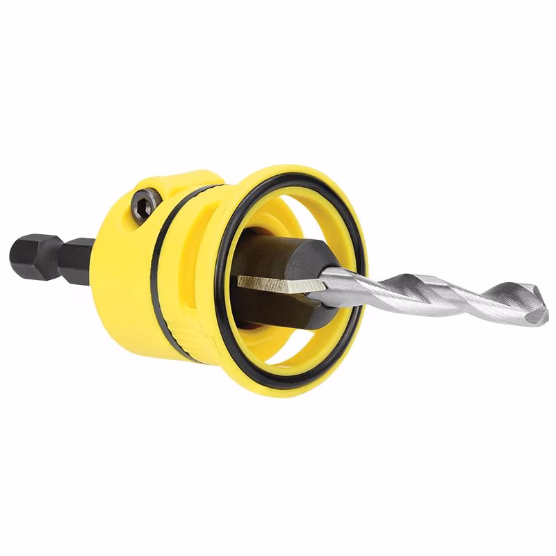 ASD080_3 - Alpha Tools Yellow plastic hole saw arbor with a central metal twist drill bit inserted through it.
