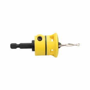Yellow quick-change drill chuck with a twist drill bit inserted, shown in profile against a white background, ready for attachment to a drill.