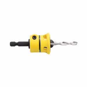 Yellow quick-change drill chuck adapter holding a spiral drill bit, used to change bits quickly on a drill tool