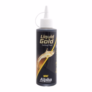 Bottle of Alpha Liquid Gold cutting fluid with white nozzle cap and dark label featuring a gold liquid splash