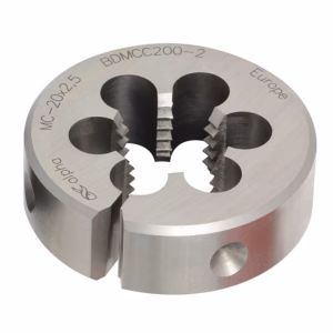 Circular metal die tool with four internal slots and a side hole, labeled BDMCC200-2 Europe MC-2012.5.