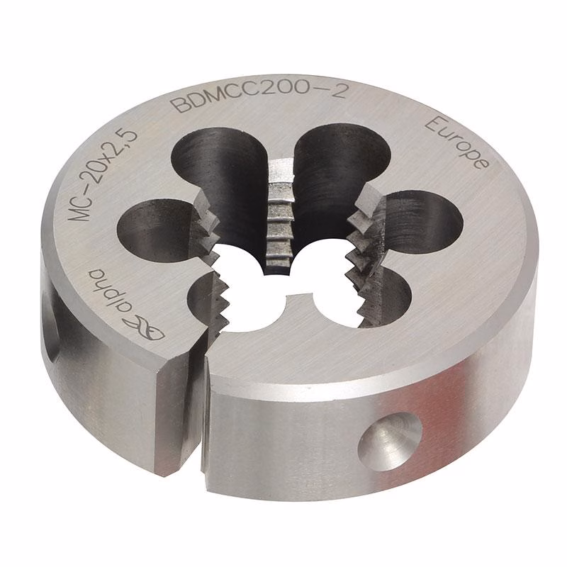 BDMFC180-2 - Alpha Tools Circular metal die with four lobed cutting openings and serrated inner edges, likely a dough or metal forming cutter used to cut four-lobed shapes from material of interest with the rim labeled.