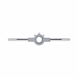 Metal bar clamp with a circular central ring and knurled handles extending left and right, used to grip a rod or tube.